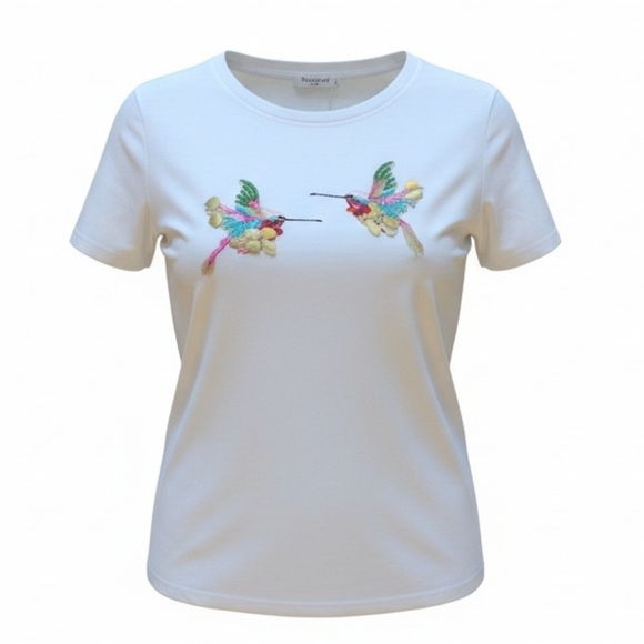 Runway Paris Tops - Women’s White Short Sleeve Tee with Colorful Hummingbird Embellishment